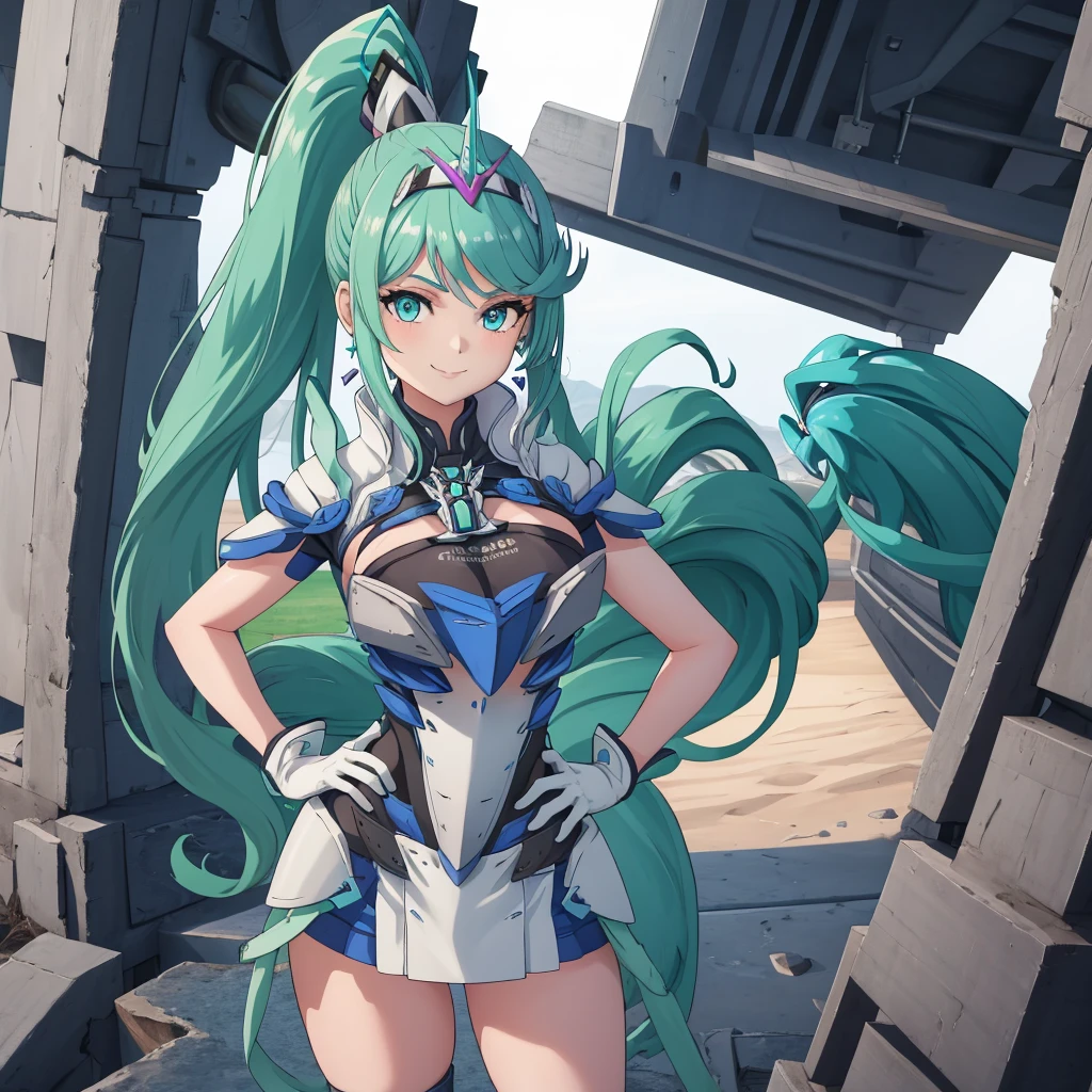 masterpiece, Highest quality, One girl, alone, Pneumadef, ponytail, tiara, Earrings, Chest jewels, armor, gloves, Hands on hips, View your viewers, smile