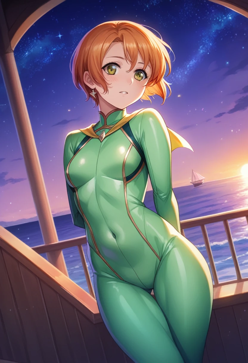 Masterpiece,best quality, anime cg, realistic lighting,Solo,cowboy shot,rin Hoshizora, blush, love scene, green bodysuit,thicc thighs ,sea in background, night ,stars, arms behind back, lovely ,Sailboat