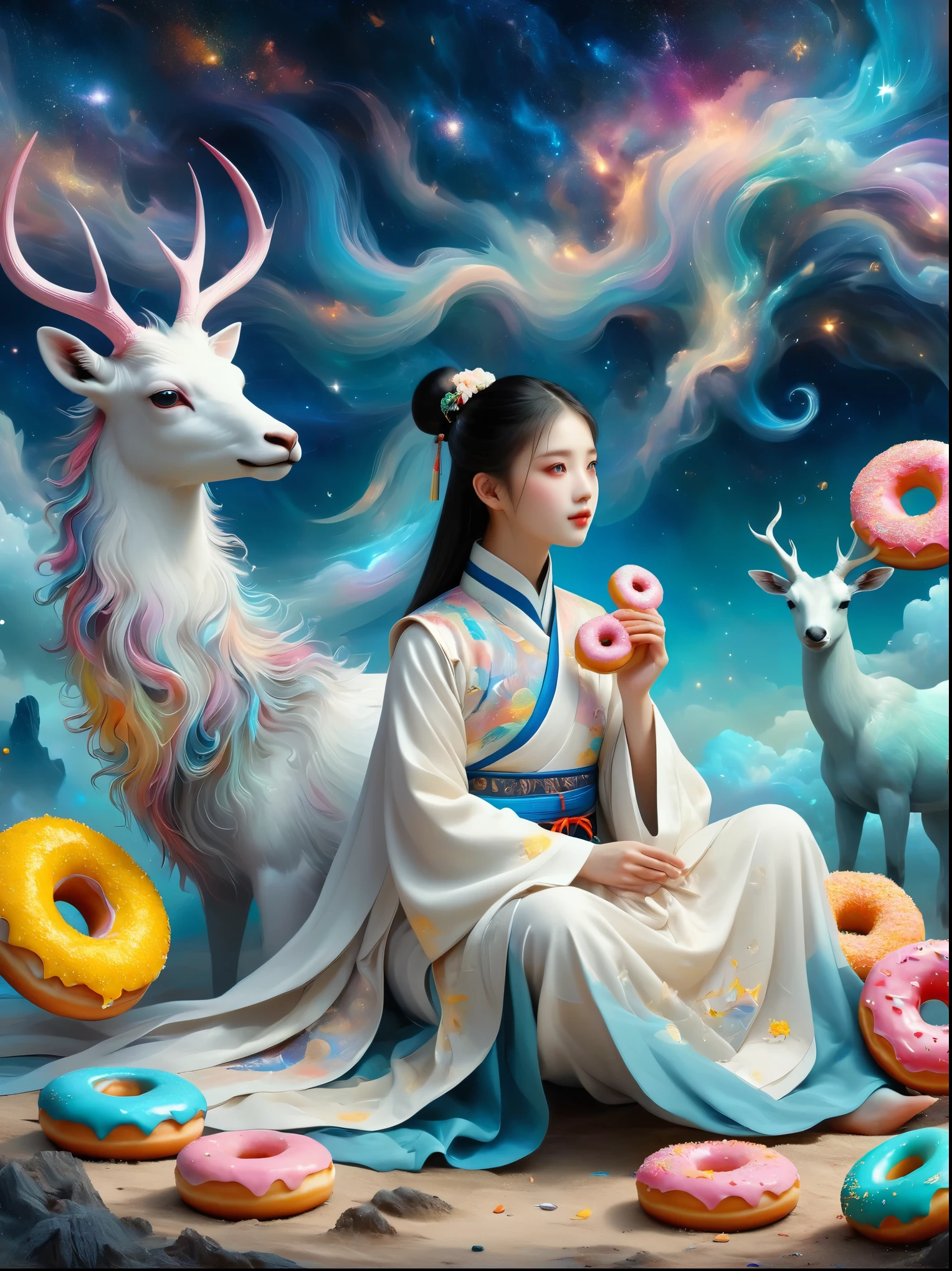 Surreal photos，Seven-Colored Deer Guardian，High-resolution photos，Huge and beautiful seven-colored deer，A peaceful and dreamy scene，A little girl in Hanfu sits next to a giant seven-colored deer，(((Eating donuts)))，Donut crumbs fell on the ground，Bitten donut，Detailed donut eating action，The little girl is very cute，Detailed facial details，The background is a magical forest full of spirituality，Create a soft and ethereal atmosphere。The overall composition is beautiful，microorganism，plant，Marine life，Exquisite eyes，Starry Sky，Stitching together an abstract painting，Describing the inner world of autistic people，Sense of space，White Space，interesting，Innocence，Psychedelic Art