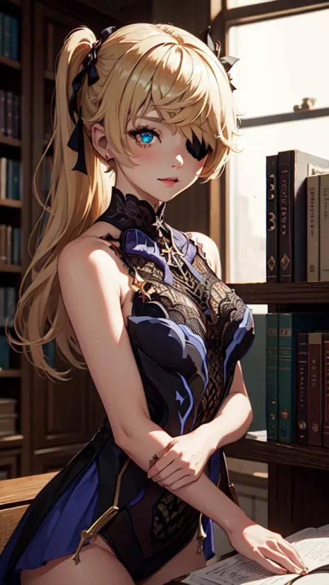 young blonde girl in a library, black eye patch, twin large ponytails, 
break (masterpiece:1.2), best quality, high resolution, ...