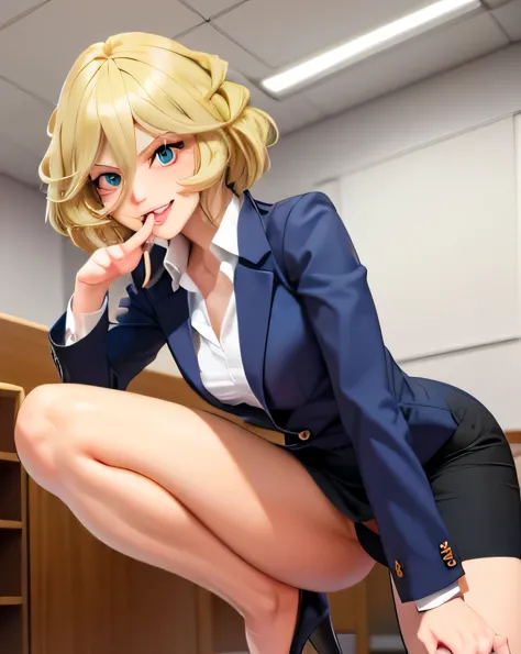 masterpiece,office,Golden Hair,Black jacket,White shirt,small breasts are exposed,Spread your legs,M-foot:1.7,Job hunting suit:1...