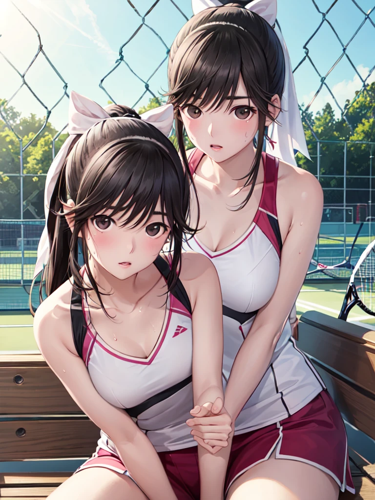 Super Detailed Game CG, (High resolution:1.1),(absurd:1.1), anime, Tennis court、pretty girl, 1 girl, takane manaka, small breasts, black hair ponytail, Loose white and pink tennis wear, bangs,  reflection effect, Reddish cheeks、 beautiful perfect face, droopy eyes、sit on a bench、sweaty、Drink a drink、look far away