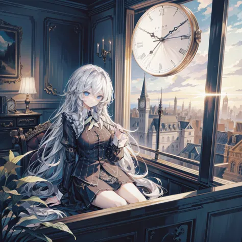 Large clock behind，Sitting in front of the clock，Girl，Long hair，Big scene，Cliff Edge，Top floor