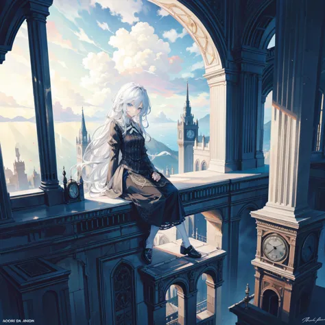 Large clock behind，Sitting in front of the clock，Girl，Long hair，Big scene，Cliff Edge，Top floor