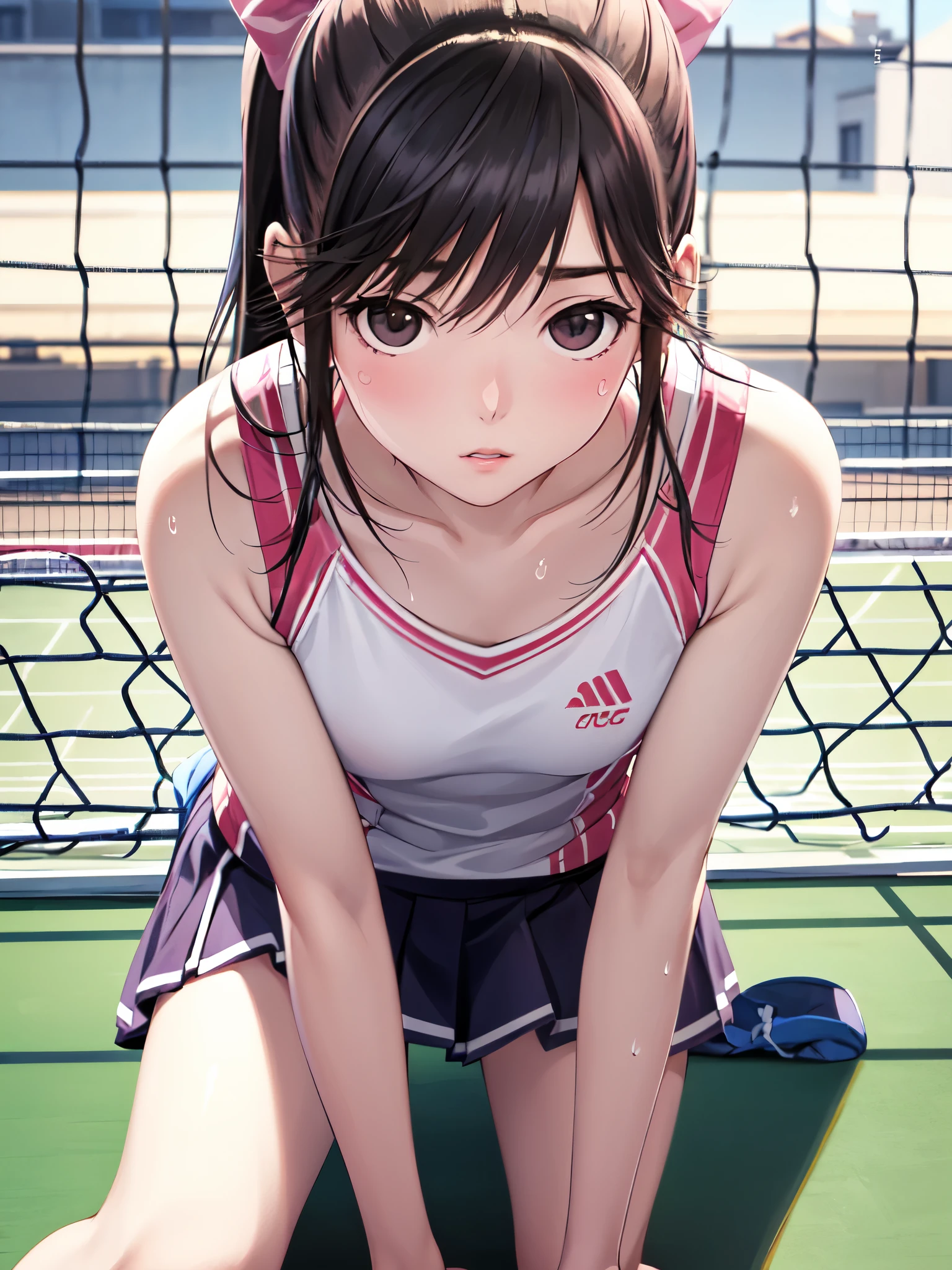 Super Detailed Game CG, (High resolution:1.1),(absurd:1.1), anime, Tennis court、pretty girl, 1 girl, takane manaka, small breasts, black hair ponytail, Loose white and pink tennis wear, bangs,  reflection effect, Reddish cheeks、 beautiful perfect face, droopy eyes、sit on a bench、sweaty、Drink a drink、look far away