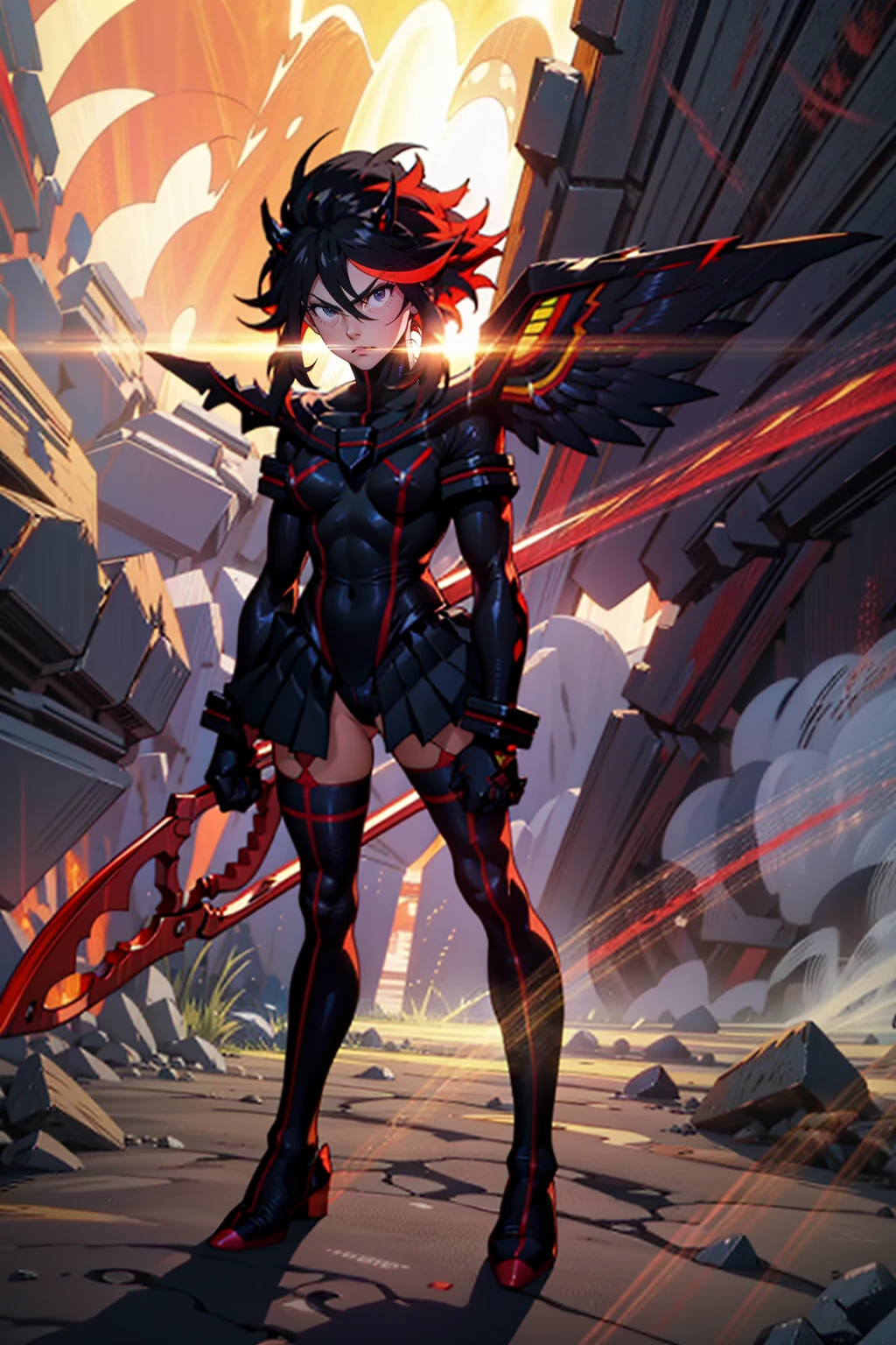 Anime, ryoko matoi,flying through the sky with black angel wings, golden leotard armor, In Battle, Chaos, shooting laser beams from hands, masterpiece ,pantyhose, boots,magicagirl body suit, large skirt, smile, long skirt,standing,smile forest,smile, full body, red hair