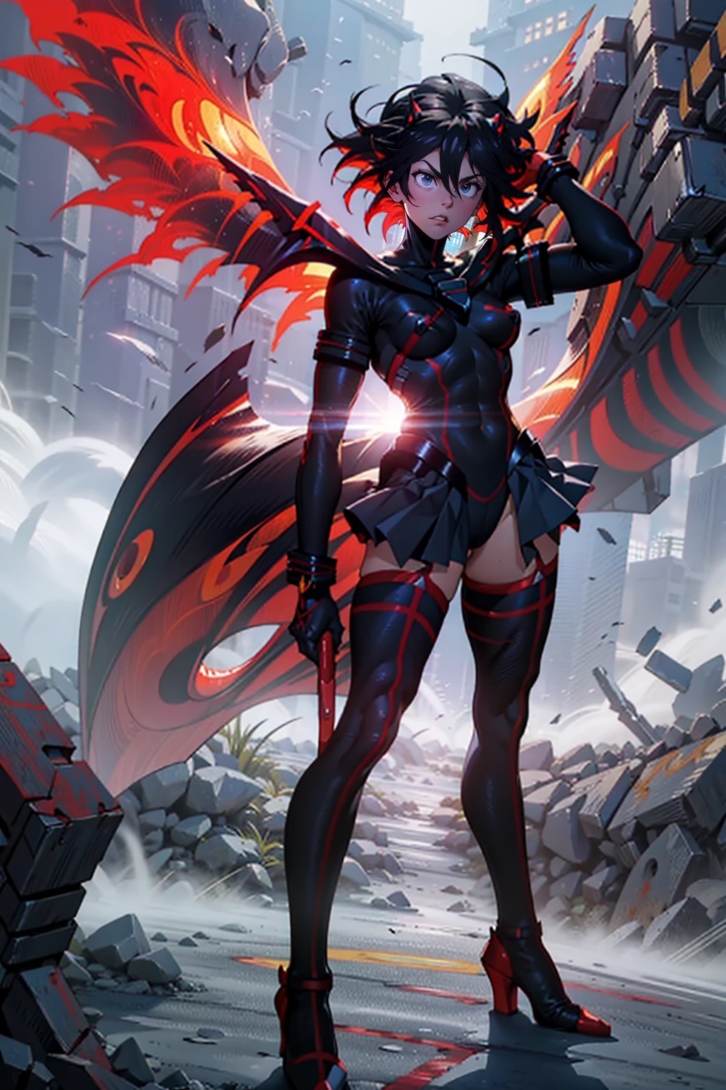 Anime, ryoko matoi,flying through the sky with black angel wings, golden leotard armor, In Battle, Chaos, shooting laser beams from hands, masterpiece ,pantyhose, boots,magicagirl body suit, large skirt, smile, long skirt,standing,smile forest,smile, full body, red hair