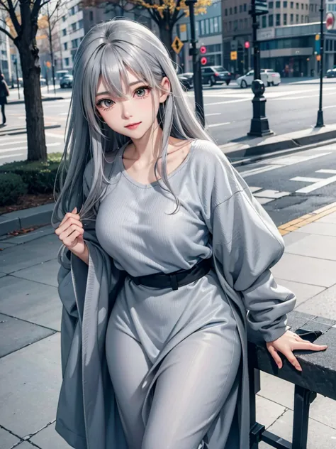 the background is the city, perfect gray-haired girl, , gray-haired, gray-haired god, cute anime waifu in beautiful clothes, gra...