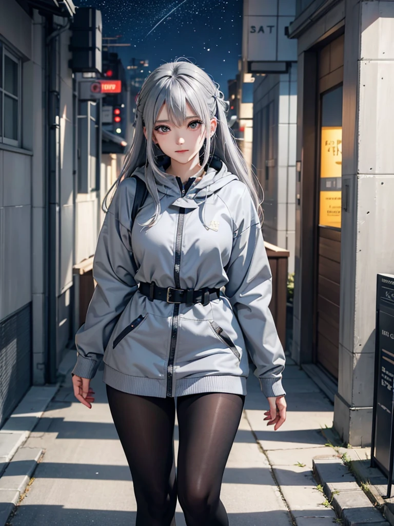 The background is the city, perfect Gray-haired girl, , Gray-haired, Gray-haired god, Cute anime waifu in beautiful clothes, Gray-haired, Best anime 4k konachan wallpaper, Small Curvy , Pixiv ArtStation の guvez, Gray-haired girl, Nightcore, Standing on a tree, Look up at the stars, The face is very detailed