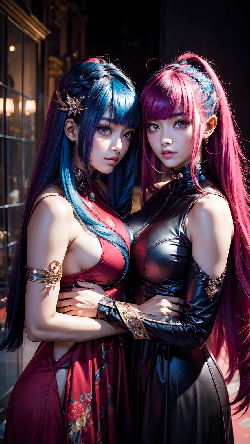 two asian women with long hair posing for a picture, beautiful gemini twins portrait, beautiful gemini twins, epic tale of the twin sisters, two beautiful anime girls, two color hair, half & half hair dye, two girls, with a twin, split hair dye, inspired by Wang Duo, two tone hair dye, beautiful sci - fi twins, sisters((2 heads, 4 hands))