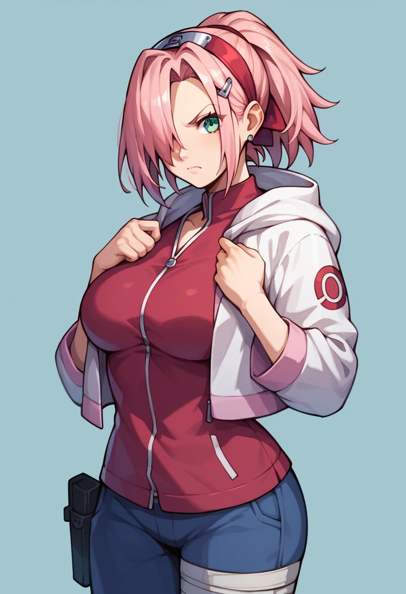 score_9, score_8_up, score_7_up,score_6_up, score_5_up, score_4_up , 1girl, solo, 3 hair color, large breasts, 1girl, haruno sakura, pink hair, green eyes, forehead, yamanaka ino, hair over one eye, ponytail, blonde hair, hairclip, blue eyes, earrings, Hinata Hyuga, long hair, blunt bangs, dark blue hair, light eyes, forehead protector, konohagakure symbol, purple and white hooded jacket, blue pants, holster, bandage on thigh, angry, cowboy shot, simple background