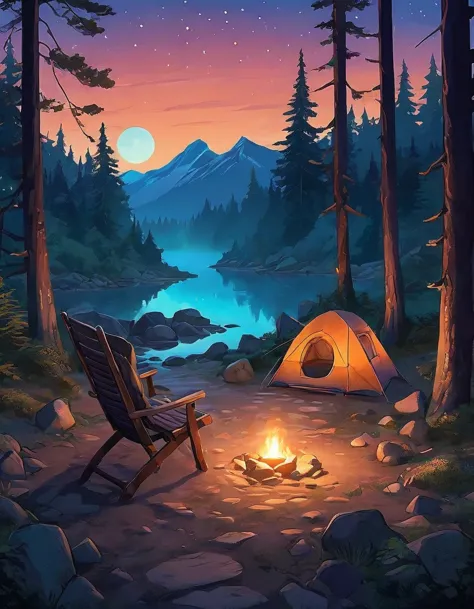 {  "prompt": "A serene night camping scene featuring a vintage blue van parked in a forest clearing. The van has warm, inviting ...