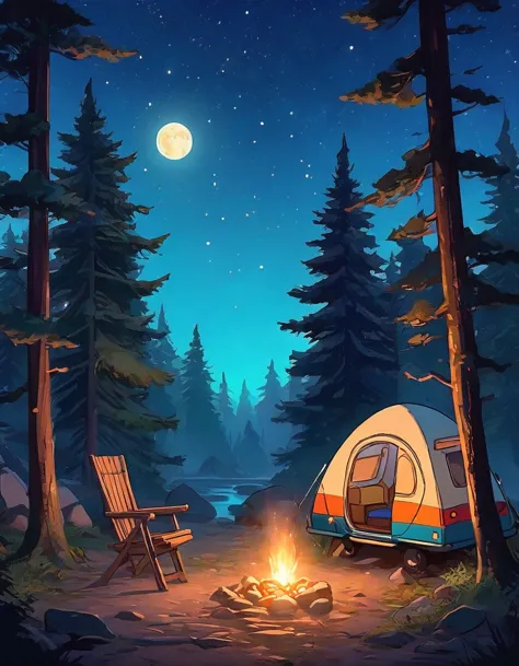 {  "prompt": "A serene night camping scene featuring a vintage blue van parked in a forest clearing. The van has warm, inviting ...