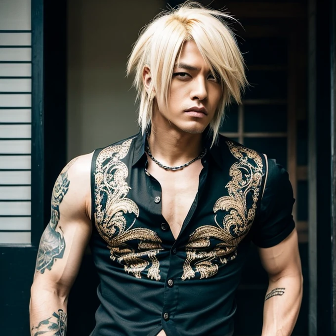 1 man, male, Japanese man, Visual Kai hairstyle, ultra detailed face and body, hyperrealistic, realistic representation, muscular, broad shoulders, tattoos gothic style, Visual Kei style, hairstyle Visual Kei, blond, long hair, 40 years old, age 40, outfit gothic , men's shirt and black pants, Asian eyes, eyes, Visual Kei hairstyle 