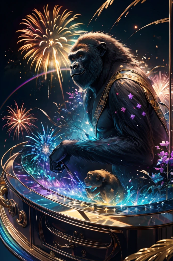 gorilla、King Kong、Rainbow colorsのgorilla、gorillaたちに囲まれて、Mysterious Landscape、firework、firework大会、Rainbow colorsのfireworkが打ちあがっている瞬間、夜nullとともに、幻想的な海景色で壮大なfirework、future都市、Highest quality、masterpiece, (Diffuse reflection of light:1.2), When the fantastic rainbow turns into shadow, bathed in a mystical atmosphere.The whales are watching too, Cast magic spells. evoke a sense of wonder and awe. A fusion of natural grandeur and magic, Weaving dreams into reality. Behold, null, And the unknown, Fleeting、And an eternal moment, 16K, Ultra-high resolution.Realistic, Ultra-high resolution, to be born,future、Rainbow colorsに光り輝く、Rainbow colors、The world 30 years from now。