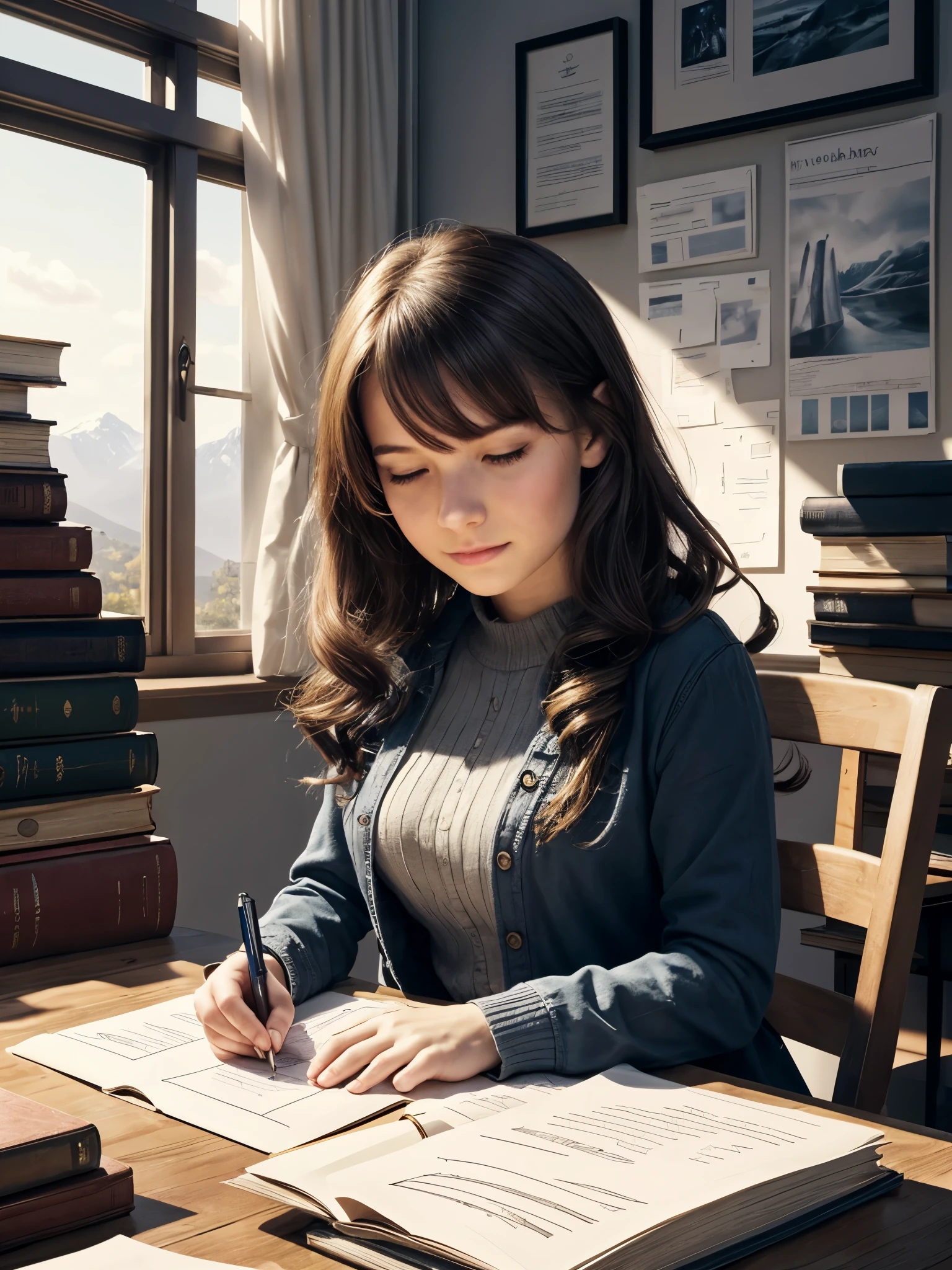 1girl, (majestic:1.4), (uhd:1.3), long hair, curls, bangs, casual outfit, looking at viewer, attractive, full breasts, (15yo, cute:1.4), (breasts:1.2), tables full of books, mountain of paper stacks, cluttered workspace, organized chaos, study environment, academic setting, piles of documents, scholarly atmosphere, detailed textures, various book sizes, papers scattered, busy scene, research materials, intellectual vibe, writing tools, ink reservoir, pen, super details, colorful, stunning professional digital art, detailed skin, blush, realistic, masterpiece, floating light particles,