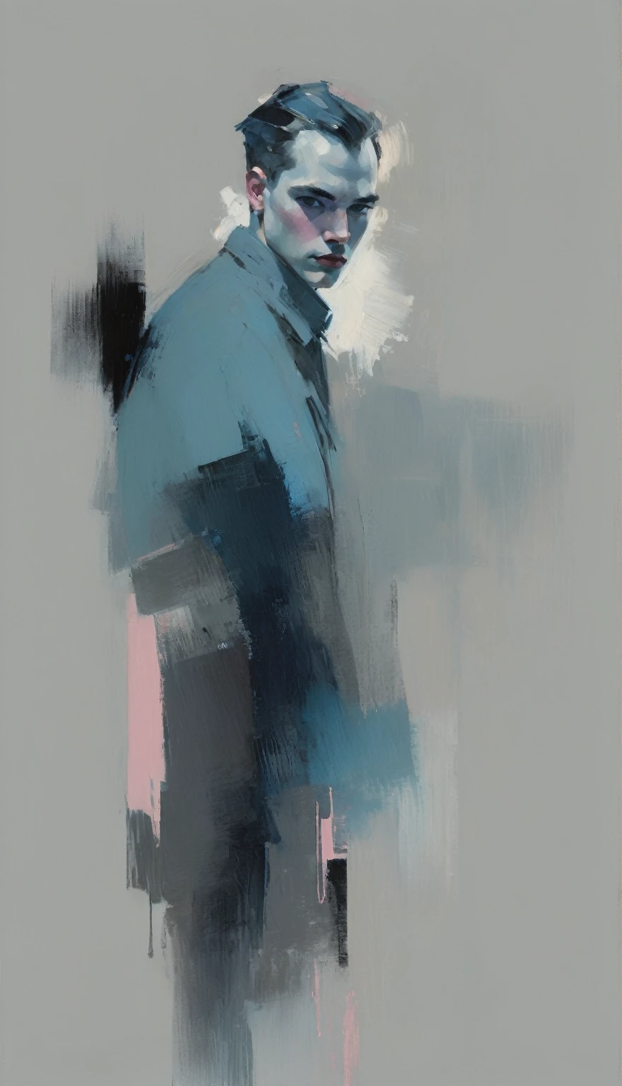 un portrait contemporain d&#39;une personne dans le style expressif et pictural de Malcolm Liepke, gros plan du visage du sujet avec de forts coups de pinceau dynamiques, concentrez-vous sur la capture de la profondeur et de la texture, reflets rose clair et bleu vif et zones vibrantes, bleu sourd, bleu grisâtre foncé, gris très foncé, et ombres et profondeur bleu grisâtre clair, variations subtiles de la même palette de couleurs en arrière-plan, élégance moderne et intensité émotionnelle