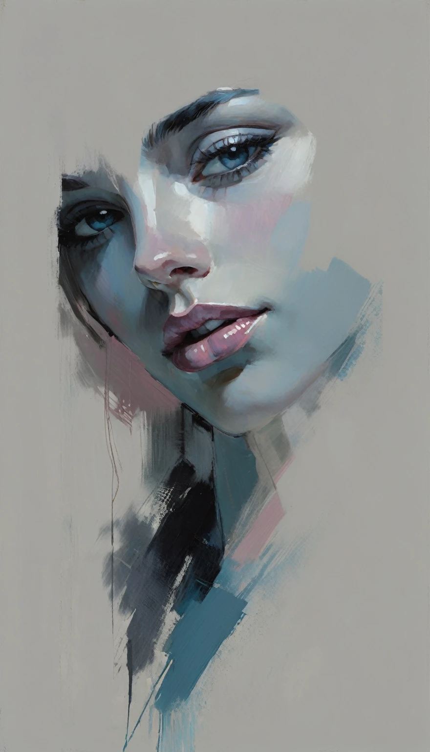 un portrait contemporain d&#39;une personne dans le style expressif et pictural de Malcolm Liepke, gros plan du visage du sujet avec de forts coups de pinceau dynamiques, concentrez-vous sur la capture de la profondeur et de la texture, reflets rose clair et bleu vif et zones vibrantes, bleu sourd, bleu grisâtre foncé, gris très foncé, et ombres et profondeur bleu grisâtre clair, variations subtiles de la même palette de couleurs en arrière-plan, élégance moderne et intensité émotionnelle