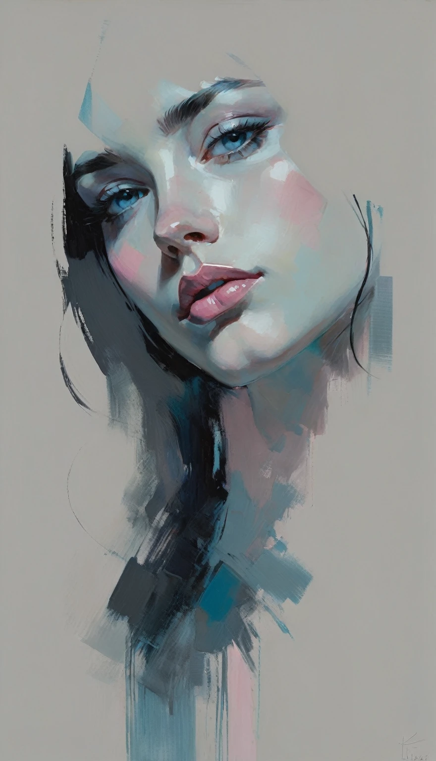 un portrait contemporain d&#39;une personne dans le style expressif et pictural de Malcolm Liepke, gros plan du visage du sujet avec de forts coups de pinceau dynamiques, concentrez-vous sur la capture de la profondeur et de la texture, reflets rose clair et bleu vif et zones vibrantes, bleu sourd, bleu grisâtre foncé, gris très foncé, et ombres et profondeur bleu grisâtre clair, variations subtiles de la même palette de couleurs en arrière-plan, élégance moderne et intensité émotionnelle