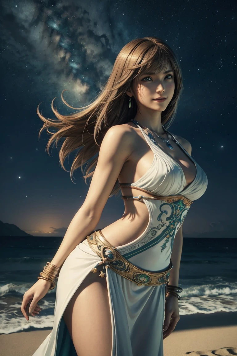 The best one,Yuna,Final Fantasy 10,FF10,Medium Hair,Brown hair,Let your bangs down,Beautiful green and blue odd eyes,,Beautiful and tall nose,Photorealistic,Ultra HD,high quality,masterpiece,Digital SLR,Detailed details,Intricate details,Anatomical basis,Depicted in detail,A detailed face,Realistic skin texture,Vivid details,Perfect Anatomy,Perfect Anatomy,Anatomically correct hand,Anatomically correct fingers,Super Detail,Complex 3D rendering,Huge ,Sexy pose,Final Fantasy 10の美しい世界,White long dress,Beautiful night sky,A beach with a beautiful starry sky,Fantastic beaches,Fantasy worldview,Picturesque,Pink Lips,smile,