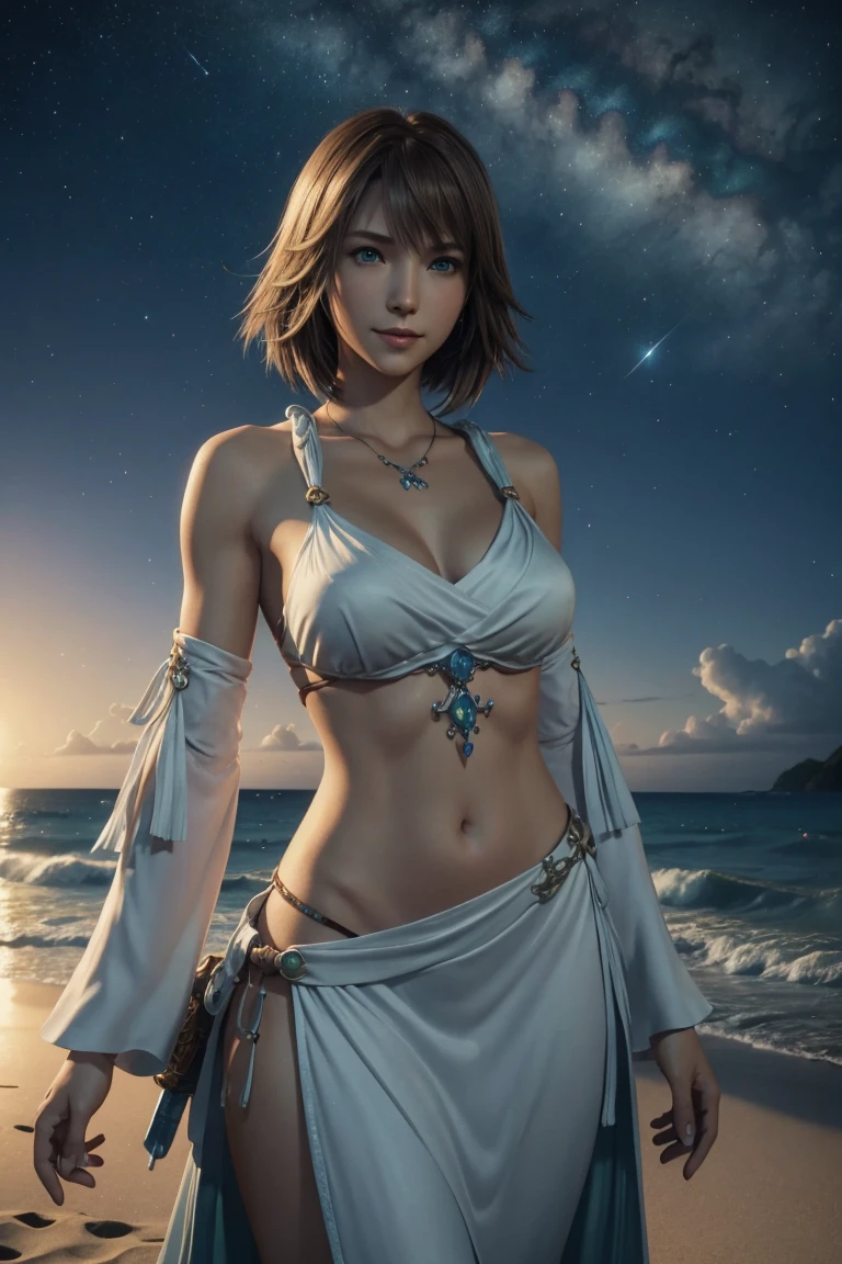 O melhor,Yuna,Final Fantasy 10,ff10,Cabelo medio,cabelo castanho,Solte sua franja,Lindos olhos verdes e azuis estranhos,,Nariz bonito e alto,fotorrealista,Ultra HD,alta qualidade,obra de arte,SLR digital,detalhes detalhados,detalhes intrincados,Base anatômica,retratado em detalhes,Um rosto detalhado,textura de pele realista,Detalhes vívidos,anatomia perfeita,anatomia perfeita,mão anatomicamente correta,dedos anatomicamente corretos,Super Detalhe,Renderização 3D complexa,Enorme ,pose sexy,O lindo mundo de Final Fantasy 10,vestido longo branco,Lindo céu noturno,Uma praia com um lindo céu estrelado,Praias fantásticas,Visão de mundo de fantasia,pitoresco,lábios rosados,sorriso,