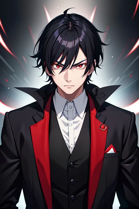 anime character with black hair and red eyes wearing a black suit, eyes completely red、lack of pupils, with very very detailed f...