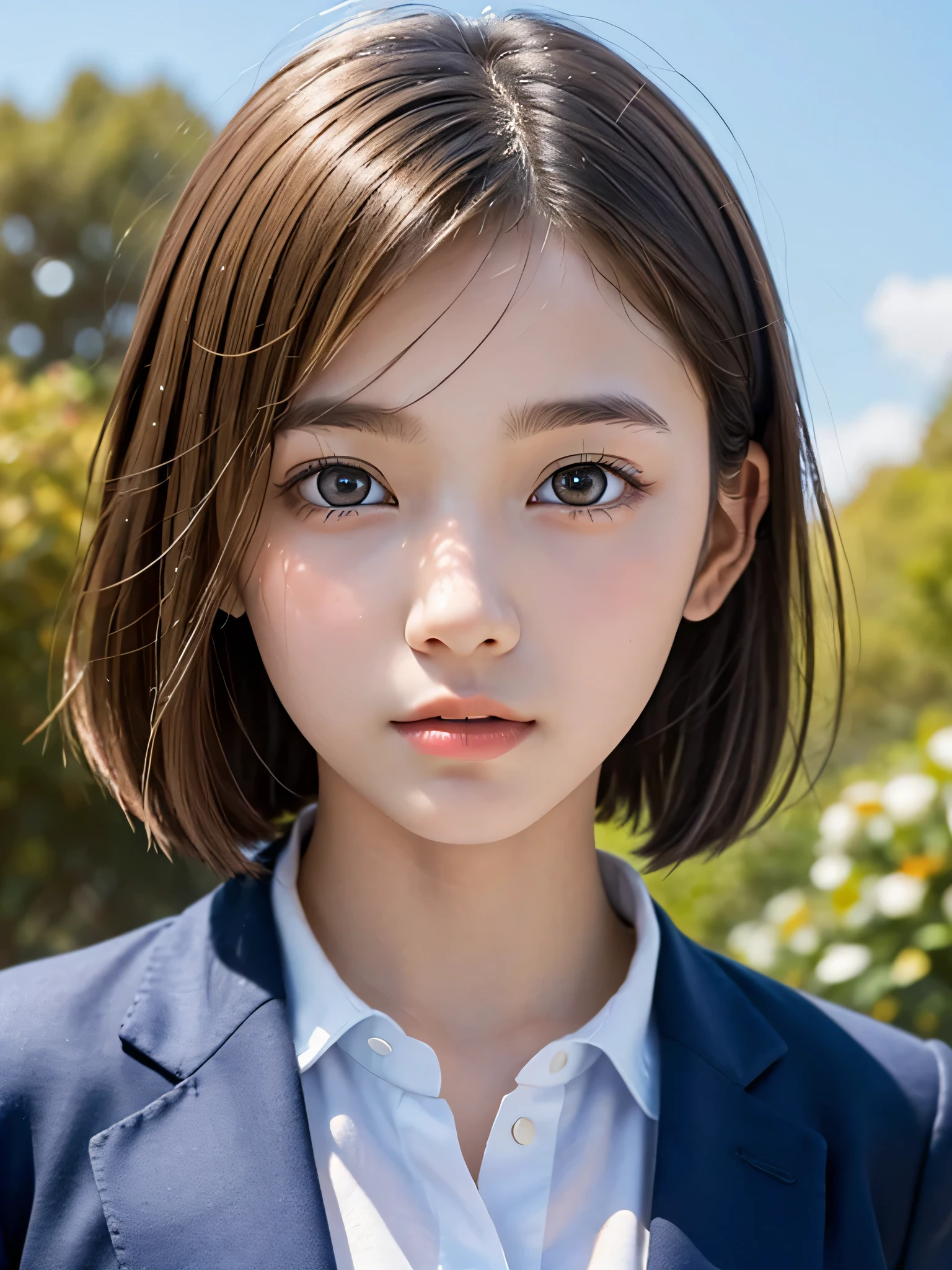 One Girl，(1人のとてもcute女の子:1.3)，masterpiece，Highest quality，High resolution，From below，Low - Angle，Photorealistic，RAW Photos，Ray Tracing，Physically Based Rendering，beautiful girl，(15 years old:1.3)，cute，Big eyes，(detailed pupils:1.2)，(The face is facing straight ahead:1.3)，Body facing forward，Beautiful nose，Upturned nose，Fuller lips，Short black hair，ponytail，short hair，Detailed eyelashes，Thin eyebrows，Very fine grain definition，(Symmetrical eyes，Golden Ratio:1.3)，(Face close-up，Face Focus:1.0)，Small breasts，Short neck，blazer，Checkered pleated skirt，coastal，Blue sky，White cloud，School uniforms，Portrait，View Viewer，Upper Body，Cinema Lighting，High resolution，Very detailed