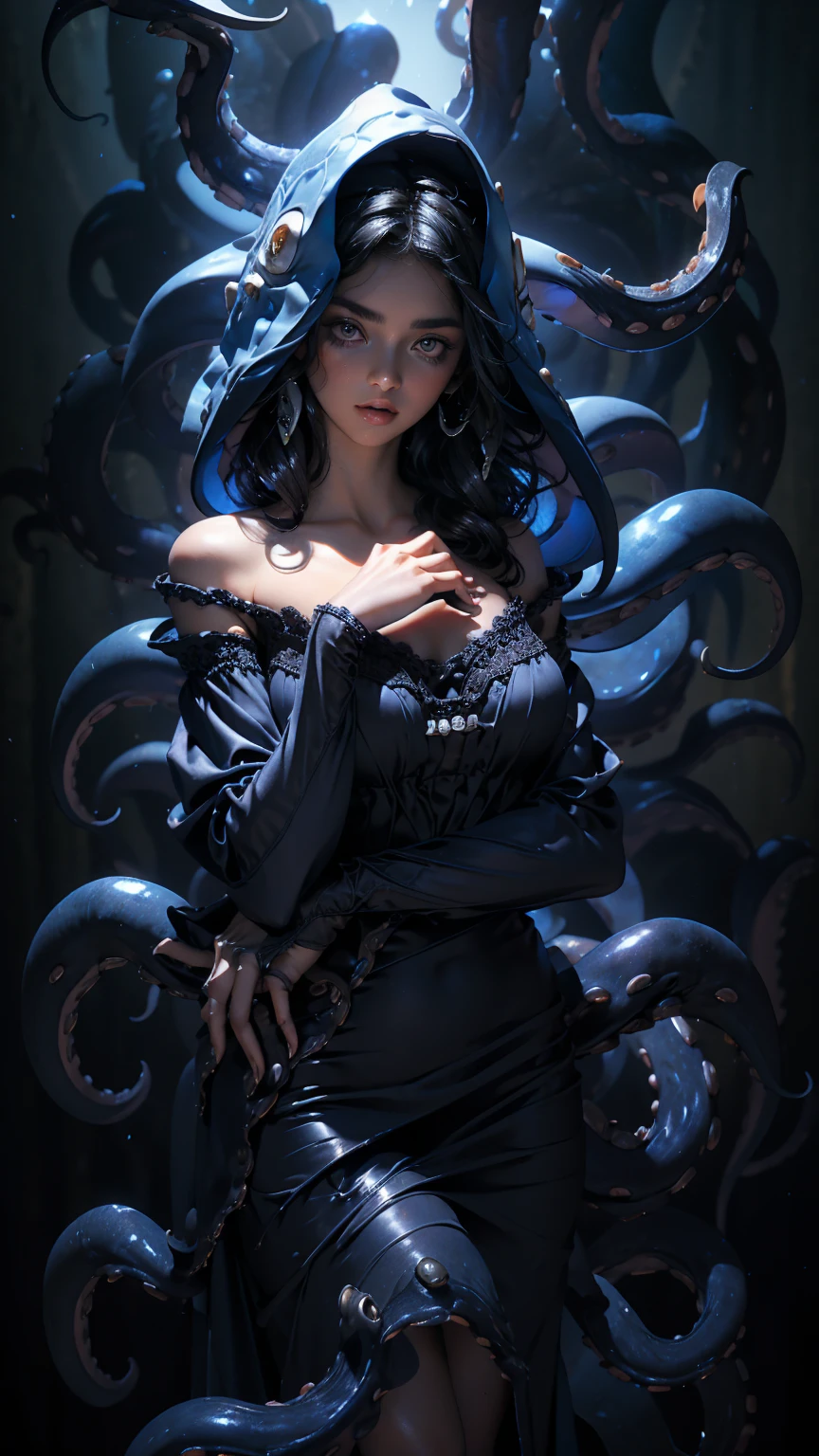 Studio lighting, (best quality:1.4),masterpiece,ultra-detailed,delicate features,delicate skin,realism,beautiful lighting,cowboy shot,1girl,black hair ,blues eyes ,tareme,long hair,gleaming skin,, ((squid tentacles for hands, lots of tentacles)) netted nightie, gown, ((tentacles for hands))((no hands))