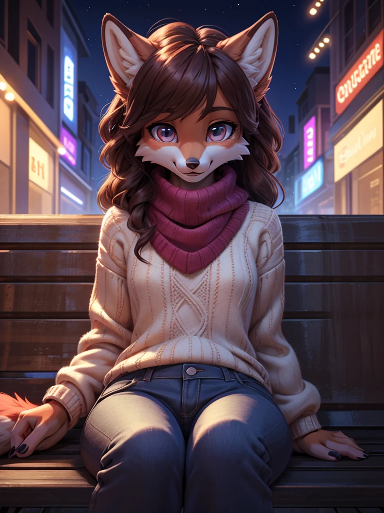 beautiful, (masterpiece), high quality, perfect lighting, Highly detailed CG Unity 8k wallpaper, High resolution, perfect lighting, youthful, adolescent, tall, slim, skinny, frail slender figure, slim legs, distinctly feminine figure, narrow hips, long legs, medium plump breasts, close-up shot, detailed face, A cute fox-girl sits legs spread one hand in pants masturbating on a park bench in a bustling city. Her red fur is soft and fluffy, with a hint of white on her muzzle and the tip of her tail. Her hair is a deep auburn, styled in loose curls that cascade down her back. Her eyes are a warm brown, and she shows ecstatic pleasure on her face.
She is dressed in a cozy sweater and unzipped jeans, with a knitted scarf around her neck to keep out the chill.