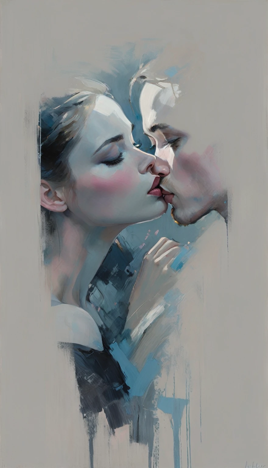 ภาพบุคคลร่วมสมัยของบุคคลในสไตล์ที่แสดงออกและมีศิลปะของ Malcolm Liepke,ผู้ชายกำลังจูบผู้หญิง ,ภาพโคลสอัพใบหน้าของแบบที่มีการใช้พู่กันแบบไดนามิกอย่างเข้มข้น, เน้นการจับภาพความลึกและพื้นผิว, ไฮไลท์สีชมพูอ่อนและสีน้ำเงินสดใสและพื้นที่ที่มีชีวิตชีวา, สีฟ้าปิดเสียง, สีน้ำเงินอมเทาเข้ม, สีเทาเข้มมาก, และเงาสีน้ำเงินเทาอ่อนและความลึก, การเปลี่ยนแปลงที่ละเอียดอ่อนของโทนสีเดียวกันในพื้นหลัง, ความสง่างามทันสมัยและความเข้มข้นทางอารมณ์