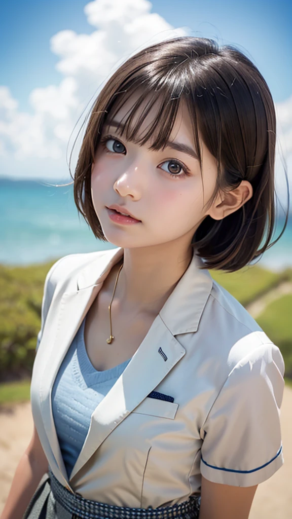 One Girl，(1人のとてもcute女の子:1.3)，masterpiece，Highest quality，High resolution，From below，Low - Angle，Photorealistic，RAW Photos，Ray Tracing，Physically Based Rendering，beautiful girl，(15 years old:1.3)，cute，Big eyes，(detailed pupils:1.2)，(The face is facing straight ahead:1.3)，Body facing forward，Beautiful nose，Upturned nose，Fuller lips，Short black hair，ponytail，short hair，Detailed eyelashes，Thin eyebrows，Very fine grain definition，(Symmetrical eyes，Golden Ratio:1.3)，(Face Focus:1.0)，Small breasts，Short neck，blazer，Checkered pleated skirt，coastal，Blue sky，White cloud，White socks，Portrait，View Viewer，whole body，Cinema Lighting，High resolution，Very detailed