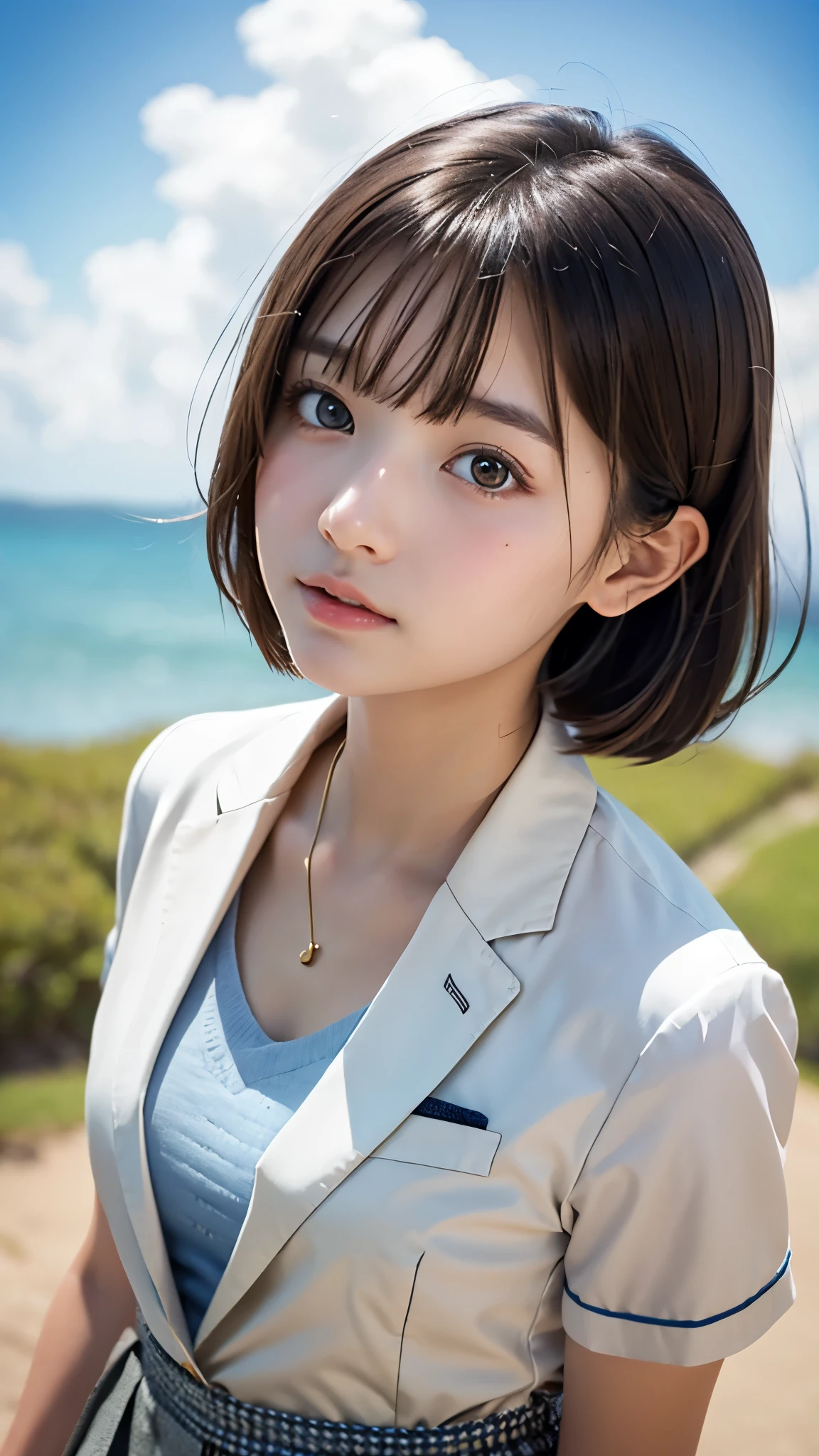 One Girl，(1人のとてもcute女の子:1.3)，masterpiece，Highest quality，High resolution，From below，Low - Angle，Photorealistic，RAW Photos，Ray Tracing，Physically Based Rendering，beautiful girl，(15 years old:1.3)，cute，Big eyes，(detailed pupils:1.2)，(The face is facing straight ahead:1.3)，Body facing forward，Beautiful nose，Upturned nose，Fuller lips，Short black hair，ponytail，short hair，Detailed eyelashes，Thin eyebrows，Very fine grain definition，(Symmetrical eyes，Golden Ratio:1.3)，(Face Focus:1.0)，Small breasts，Short neck，blazer，Checkered pleated skirt，coastal，Blue sky，White cloud，White socks，Portrait，View Viewer，whole body，Cinema Lighting，High resolution，Very detailed