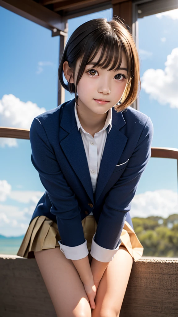 One Girl，(1人のとてもcute女の子:1.3)，masterpiece，Highest quality，High resolution，From below，Low - Angle，Photorealistic，RAW Photos，Ray Tracing，Physically Based Rendering，beautiful girl，(15 years old:1.3)，cute，Big eyes，(detailed pupils:1.2)，(The face is facing straight ahead:1.3)，Body facing forward，Beautiful nose，Upturned nose，Fuller lips，Short black hair，ponytail，short hair，Detailed eyelashes，Thin eyebrows，Very fine grain definition，(Symmetrical eyes，Golden Ratio:1.3)，(Beautiful feet:1.0)，Small breasts，Short neck，Navy Blue Blazer，Checkered pleated skirt，School uniforms，coastal，Blue sky，White cloud，White socks，Long legs with slender stretches，View Viewer，whole body，Cinema Lighting，High resolution，Very detailed