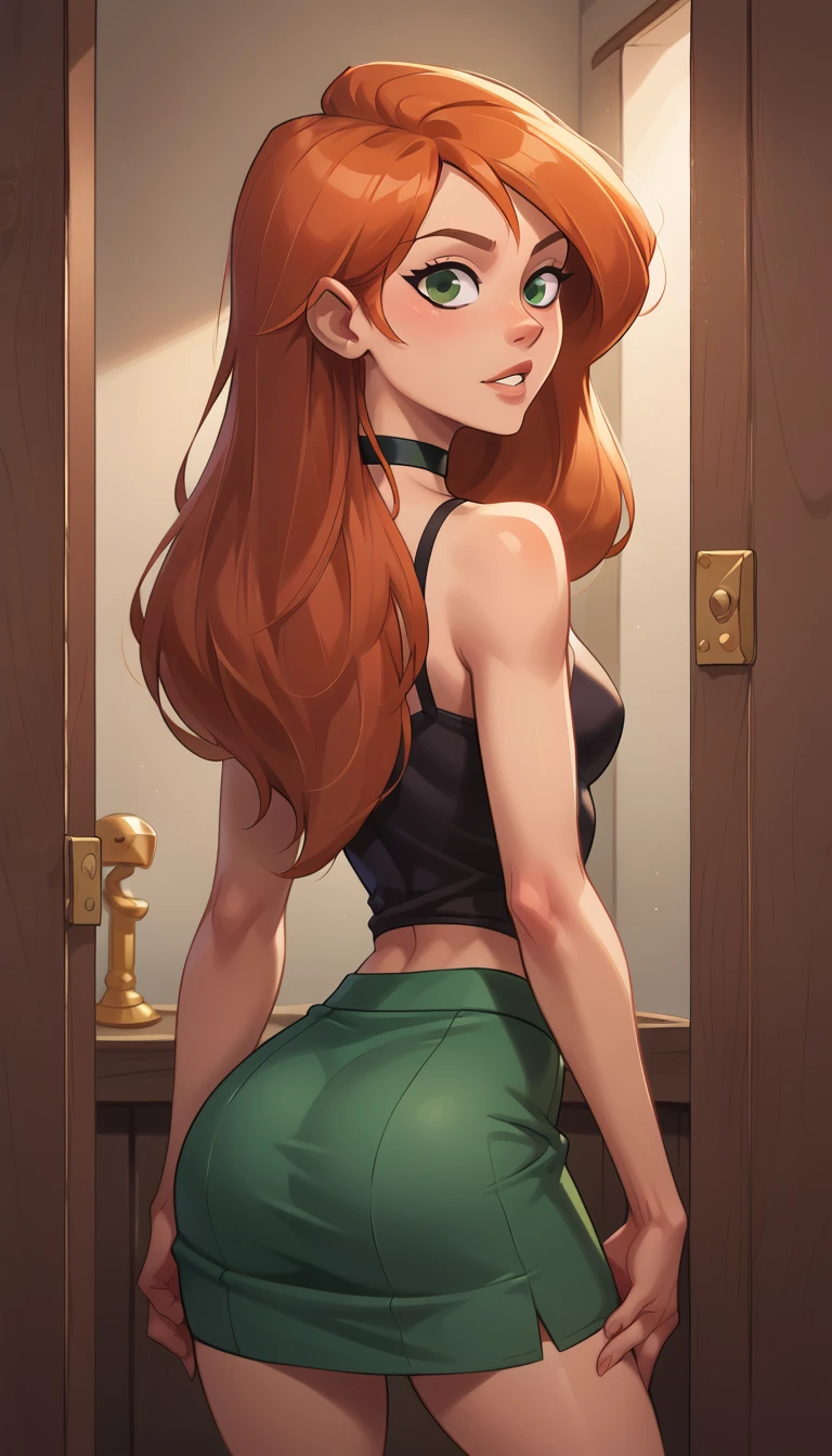 score_9, score_8_up, score_7_up, detailed soft lighting, BREAK 1girl, solo, Kim Possible, (orange-red hair:1.5), looking at viewer, parted lips, wearing (cute green skirt and choker:1.2), beautiful woman, (clothing boutique fitting room:1.2), various model poses, (three quarter shot:1.0), high budget, (masterpiece, best quality, highly detailed, beautiful), rear view.