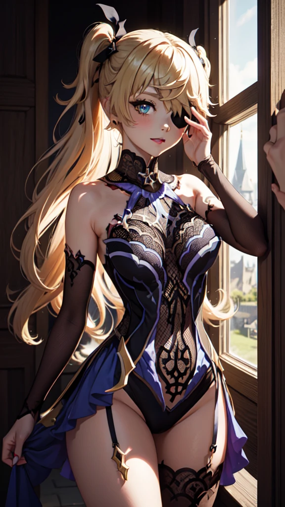 Young blonde girl, black eye patch, twin large ponytails, 
BREAK (masterpiece:1.2), best quality, high resolution, unity 8k wallpaper, (illustration:0.8), (beautiful detailed eyes:1.6), extremely detailed face, perfect lighting, extremely detailed CG, (perfect hands, perfect anatomy), joyful, laughing, Happy, thigh corset with deep lace neckline, portrait (3:4), posing. In darkness next to a scary castle.