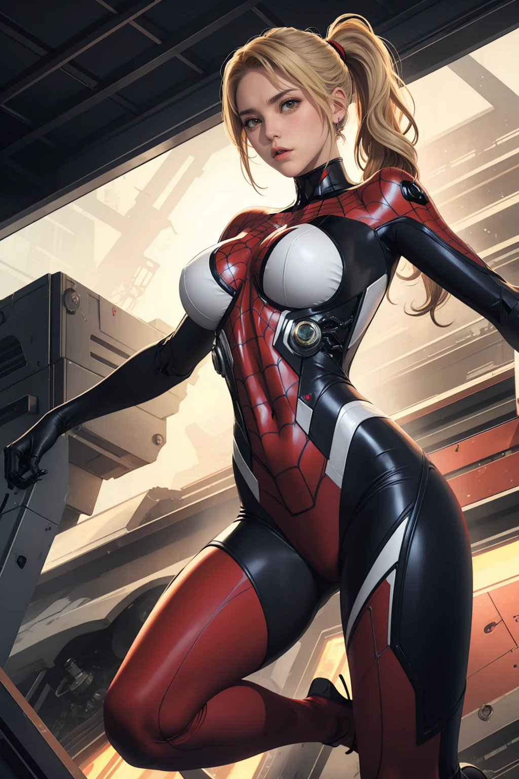 1 girl, blonde ponytail hair, big breast, wearing hi-tech spidergirl mecha suit, serious face, fullbody shot, shooting web, 