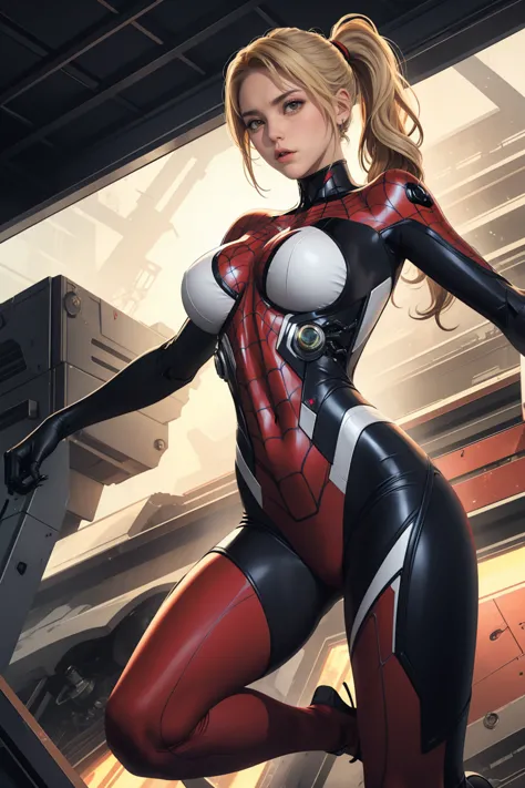 1 girl, blonde ponytail hair, big breast, wearing hi-tech spidergirl mecha suit, serious face, fullbody shot, shooting web,