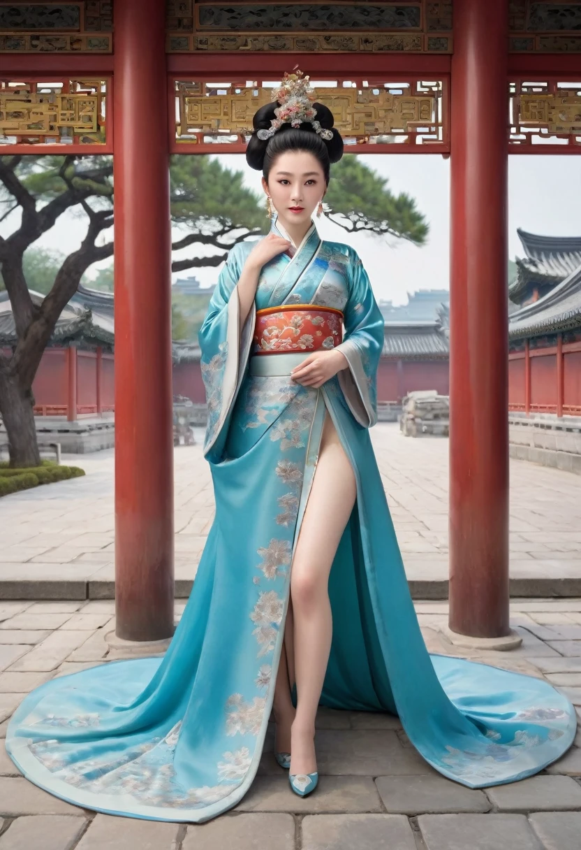 The Empress is standing naked, without underwear, showing her large breasts, hairy lower abdomen, and pubic hair.、
Her hair is tied up and pulled up with a gorgeous flower ornament on both sides.、The background of the crowning of the Qing Dynasty empress is the stone paving outside the palace of the Qing Dynasty China.