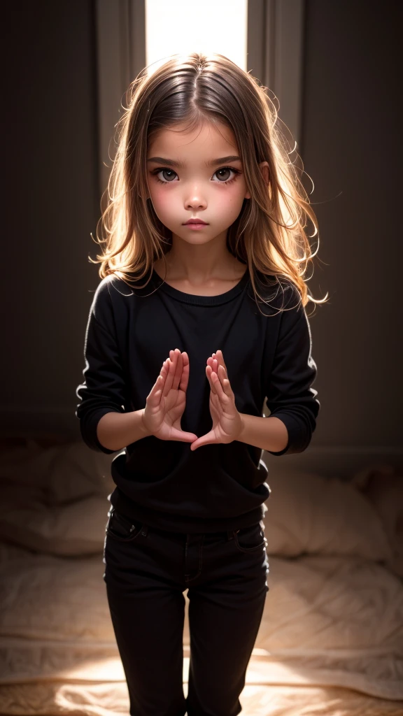 Cute little ,Tiny ,Small girl,,Childish face, Very fine clean face,Top quality, Big eyes,Straight Hair,Yellow hair,Crimson Eye,(Dark Room), Subtle light, Natural light,Soft lighting,Light from directly behind, (Are standing), Cute pose, Open your hands, Showing the whole body,Front view,Black background