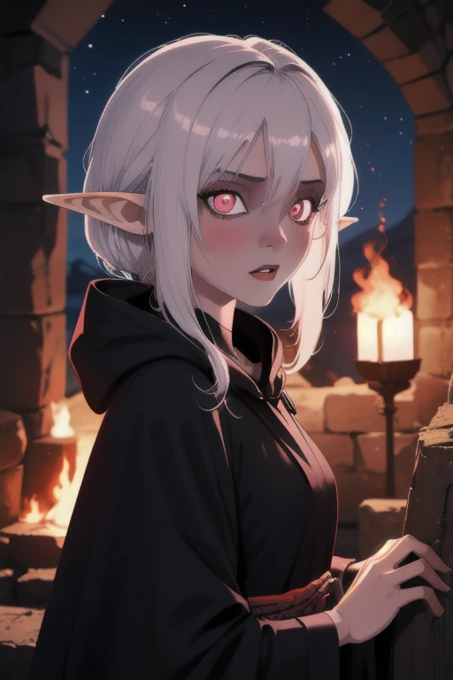 ((Best quality)), ((masterpiece)), (detailed), 1 elf girl, portrait, black hooded robe, gray skin, glowing pink eyes, dark fantasy, night, fire, aura, dark fantasy, medieval, white hair, night, castle, style Lady Eboshi, european,