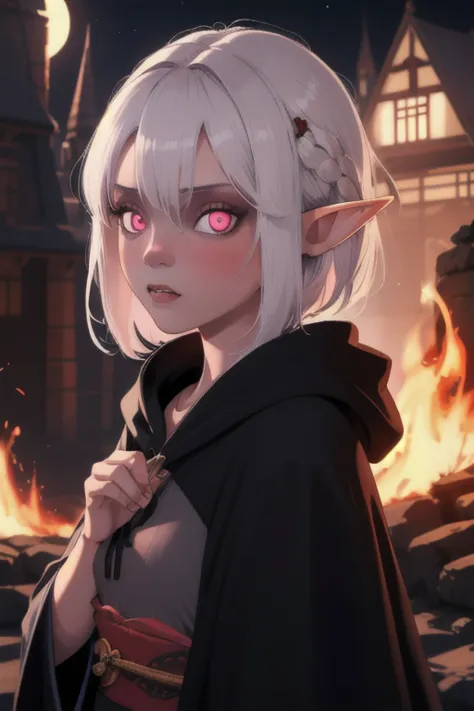 ((Best quality)), ((masterpiece)), (detailed), 1 elf girl, portrait, black hooded robe, gray skin, glowing pink eyes, dark fanta...