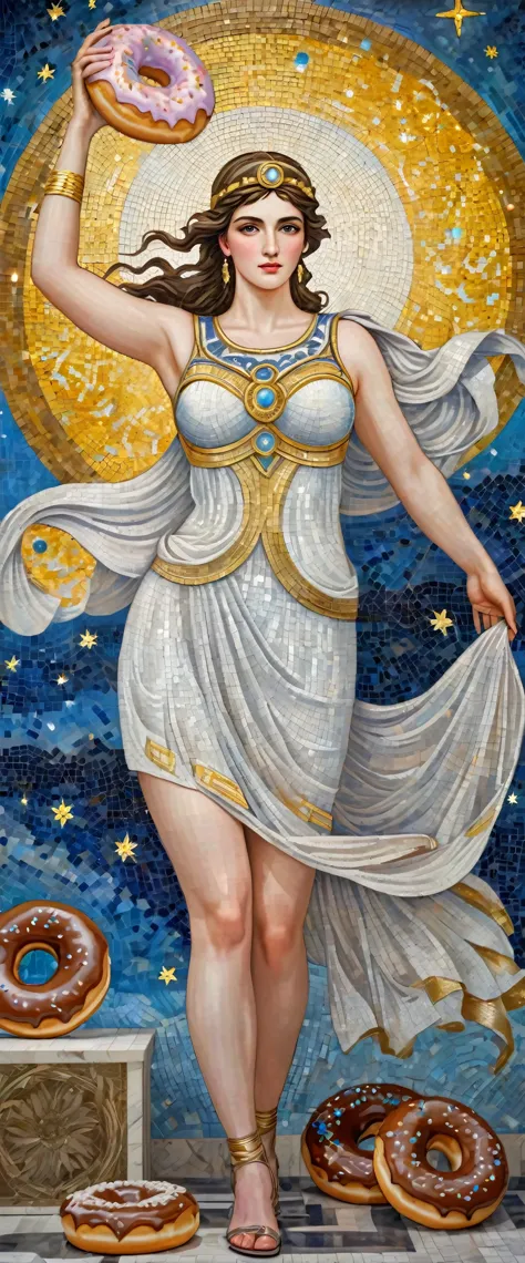 (8k, Highest quality, masterpiece)，(Realistic, RAW Photos, Super Fine Clear), Realistic Light, mural, Beautiful Girl Mosaic, Beautiful mosaics, constellation, moon, Detailed Description, ((Greek Mythology, Athena, The body is slim, Waistline, A large, swaying bust, Fascinating, Vibrant, Ancient Greek Costume, Eat donuts))