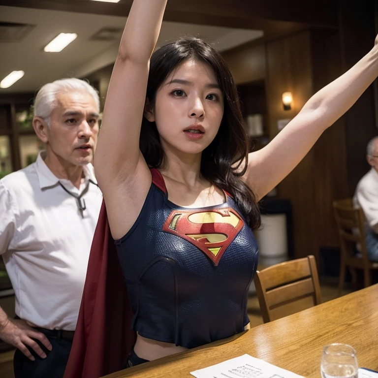 Best Quality、Masterpiece、Supergirl raised her arms、2人の年配の男性にUnderarmを差し出す、(Two old men criticizing Supergirl、Underarm:1.4)、