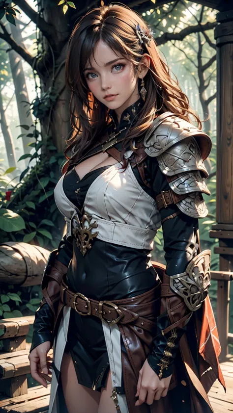 Highest quality, masterpiece, Ultra-high resolution, Strong Woman, Long Curly Hair, Leather Armor, Medieval costume, Shooter, Ex...
