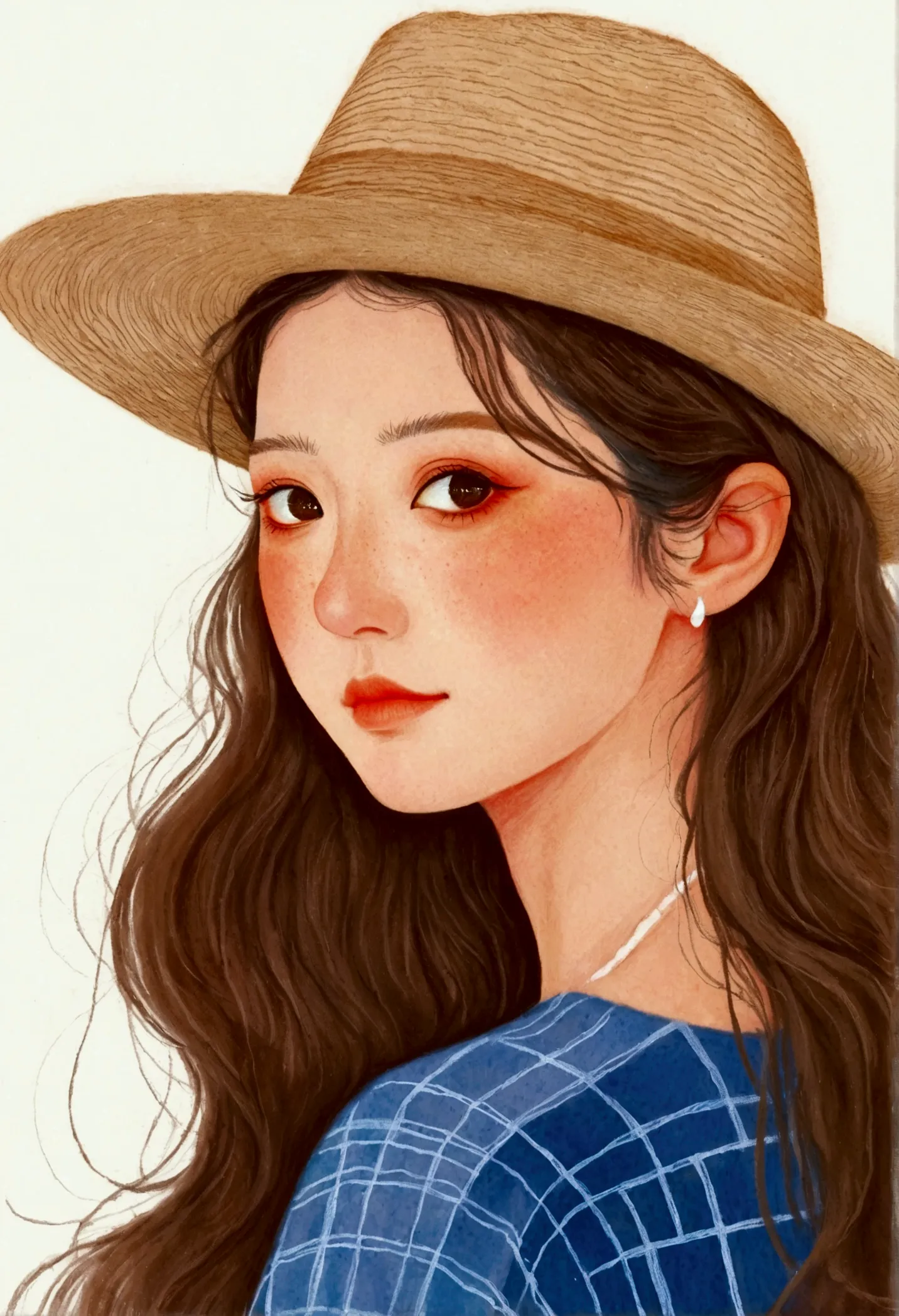 Drawing of a woman with long hair wearing a hat, Colored pencil sketch of Yamagata Hiroshi, Numbers inspired by Pia Fries, tumbl...