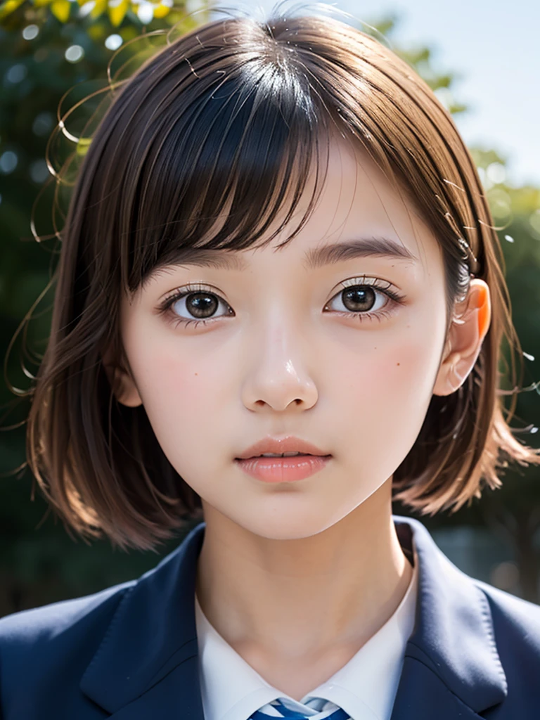 One Girl，(1人のとてもcute女の子:1.3)，masterpiece，Highest quality，High resolution，From below，Low - Angle，Photorealistic，RAW Photos，Ray Tracing，Physically Based Rendering，beautiful girl，(15 years old:1.3)，cute，Big eyes，(detailed pupils:1.2)，(The face is facing straight ahead:1.3)，Body facing forward，Beautiful nose，Upturned nose，Fuller lips，Short black hair，ponytail，short hair，Detailed eyelashes，Thin eyebrows，Very fine grain definition，(Symmetrical eyes，Golden Ratio:1.3)，(Face close-up，Face Focus:1.0)，Small breasts，Short neck，Navy Blue Blazer，Red checked pleated skirt，School uniforms，coastal，Blue sky，White cloud，School uniforms，Portrait，View Viewer，Upper Body，Cinema Lighting，High resolution，Very detailed