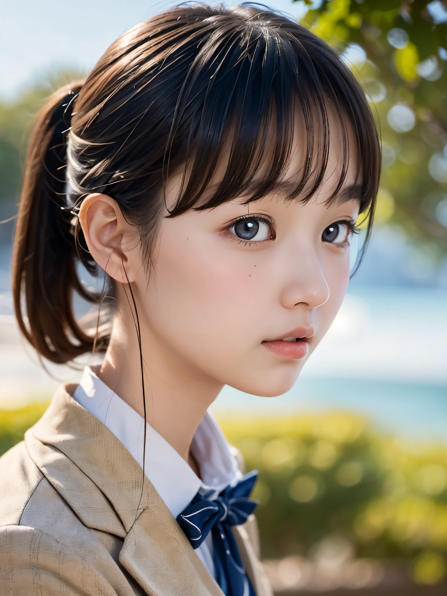 One Girl，(1人のとてもcute女の子:1.3)，masterpiece，Highest quality，High resolution，From below，Low - Angle，Photorealistic，RAW Photos，Ray Tracing，Physically Based Rendering，beautiful girl，(15 years old:1.3)，cute，Big eyes，(detailed pupils:1.2)，(The face is facing straight ahead:1.3)，Body facing forward，Beautiful nose，Upturned nose，Fuller lips，Short black hair，ponytail，short hair，Detailed eyelashes，Thin eyebrows，Very fine grain definition，(Symmetrical eyes，Golden Ratio:1.3)，(Face close-up，Face Focus:1.0)，Small breasts，Short neck，Navy Blue Blazer，Red checked pleated skirt，School uniforms，coastal，Blue sky，White cloud，School uniforms，Portrait，View Viewer，Upper Body，Cinema Lighting，High resolution，Very detailed