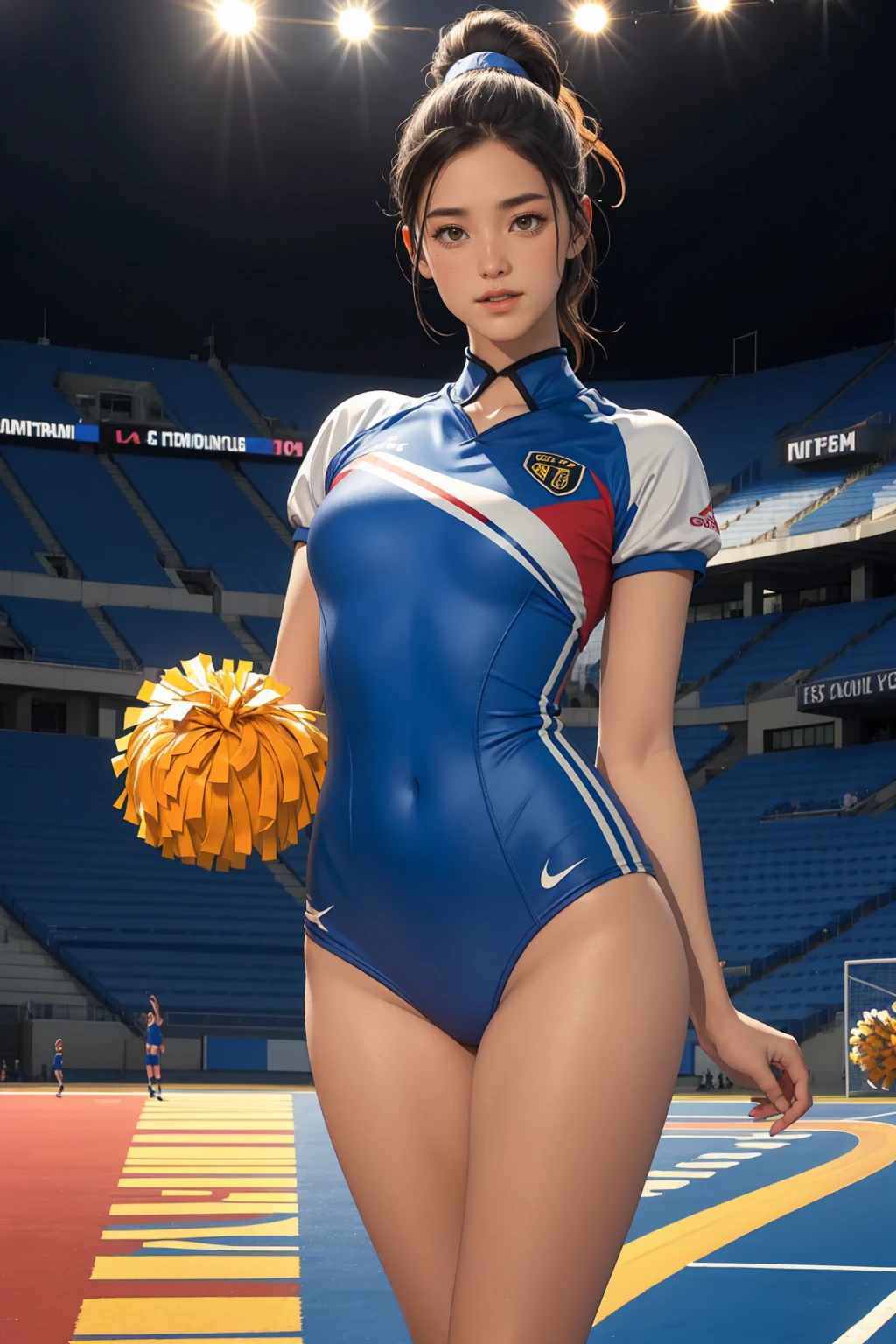 Group of beautiful girls with black ponytail hair, big breasts, wearing cheerleader uniform, smiling, full body shot, inside stadium, (best quality,4k,8k,highres,masterpiece:1.2),ultra-detailed,(realistic,photorealistic,photo-realistic:1.37),1girl,cheerful,energetic,dynamic,vibrant colors,dramatic lighting,stadium,sport,athletic,feminine,graceful