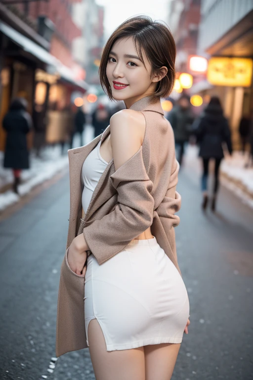 Highest quality, 4K, 8k, Detailed face, Clear Face, Cute Girls, Korean Makeup, Red lips, smile, Perfect body,Straight short hair to the shoulders,Small breasts,thigh,slim,thin, The girl is wearing a long, wide coat, Under the jacket was a top tube and pantyhose., Lower abdomen, Snow Scene, winter, street,Accentuate your butt、(Panty lines、Panty lines showing through the skirt)