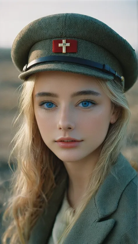 NOT Dasha Taran, amazingly beautiful woman, blue eyes, focus on eyes, cross insignia, natural blonde hair, photoshoot, photo stu...